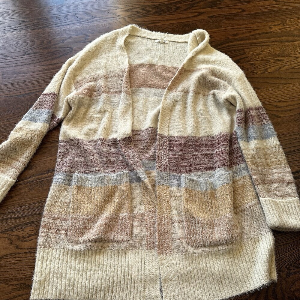 Maurices Plus Size Eyelash Striped  Open Cardigan Plus Size 0X Cream Sweater - Picture 7 of 15
